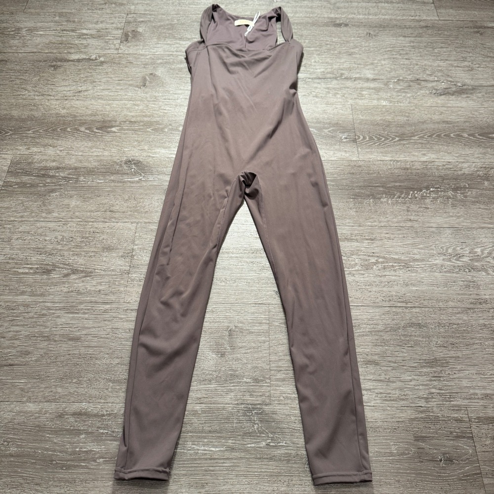 Qinsen Jumpsuit Women Small  Brown Athleisure Yoga Bodysuit Clubwear Lounge